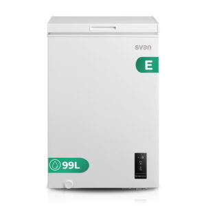 Congelador horizontal Svan, Cíclico. Capacidad 99L, Clase E. Dimensiones: 85cm 54,7cm 44,6cm. Color Blanco, Control con Display. Motor Inverter. 1 cestas.