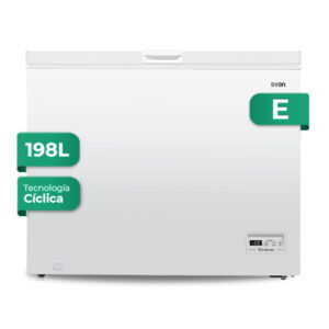 Congelador horizontal Svan, Cíclico. Capacidad 198L, Clase E. Dimensiones: 85cm 91cm 56cm. Color Blanco, Control con Display. 1 cestas.