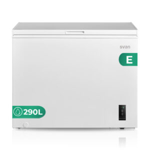 Congélateur horizontal Svan, Cyclique. Capacité 290L, Classe E. Dimensions : 85cm 111,5cm 67cm. Couleur : Blanc, Commande avec affichage.