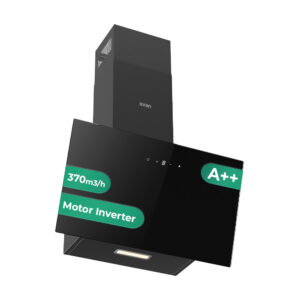 Hotte inclinée Svan, Classe A++ Dimensions : 108,8cm 89,5cm 30,9cm. Couleur : noir, moteur Inverter à commande tactile. Puissance d'aspiration 370 m3/h, 59 dB.