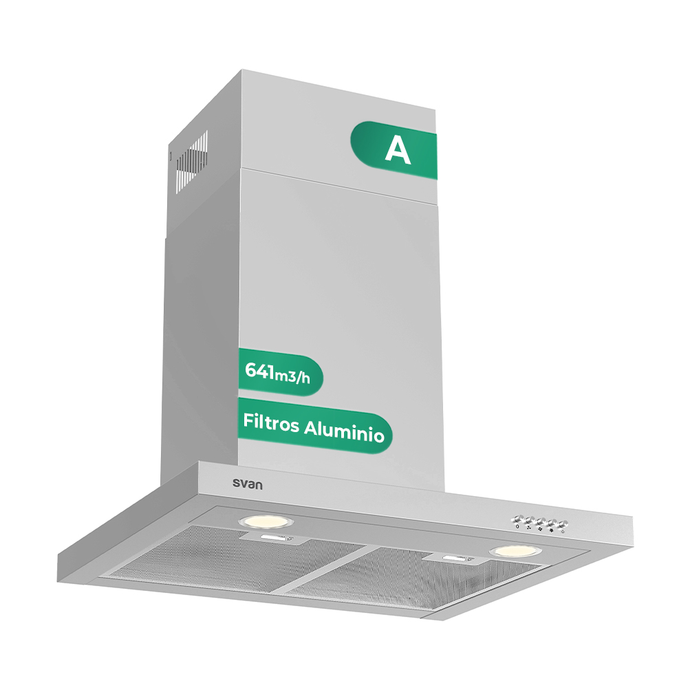 Hotte Type T Svan, Classe A Dimensions : 82cm 59,9cm 50cm. Couleur : acier inoxydable, Commande manuelle Puissance d'aspiration 641,8 m3/h, 52~68 dB.