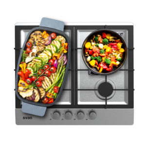 Piano cottura a gas butano Svan 8500W 9cm 59,5cm 51,5cm Inox Manuale Auto Ig. 4Q Kit Wok Gas Forja