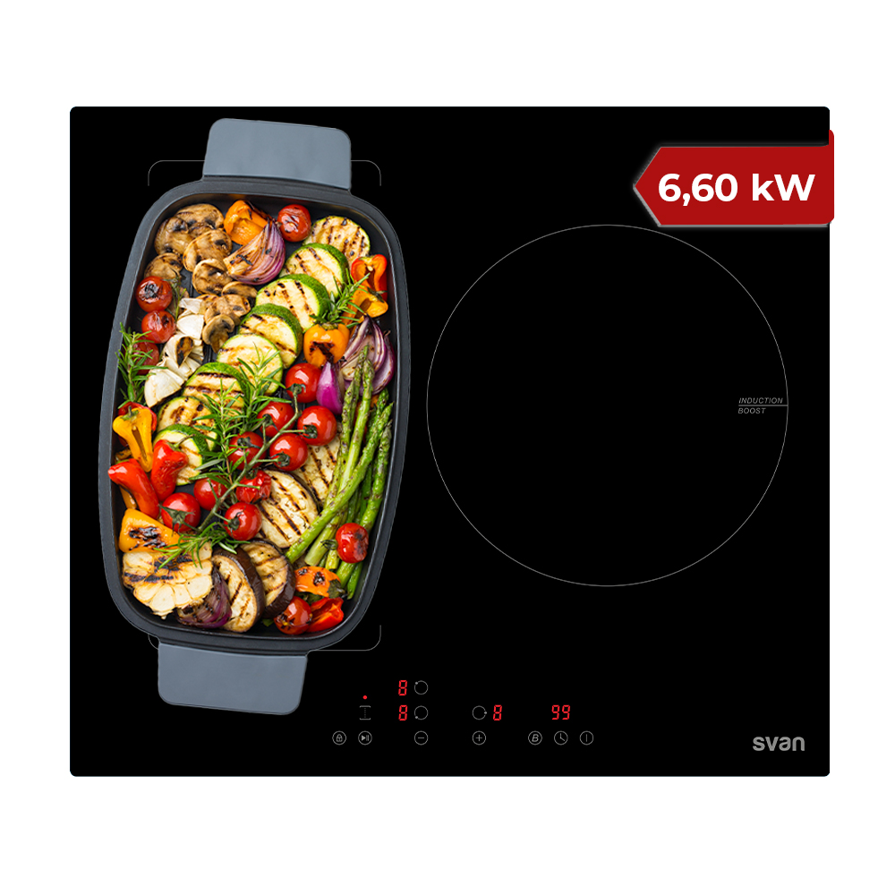Piano cottura a induzione Svan 6600W 5,6cm 59cm 52cm Black Glass Touch 3Z 2 Flexizone Booster Stop&Go