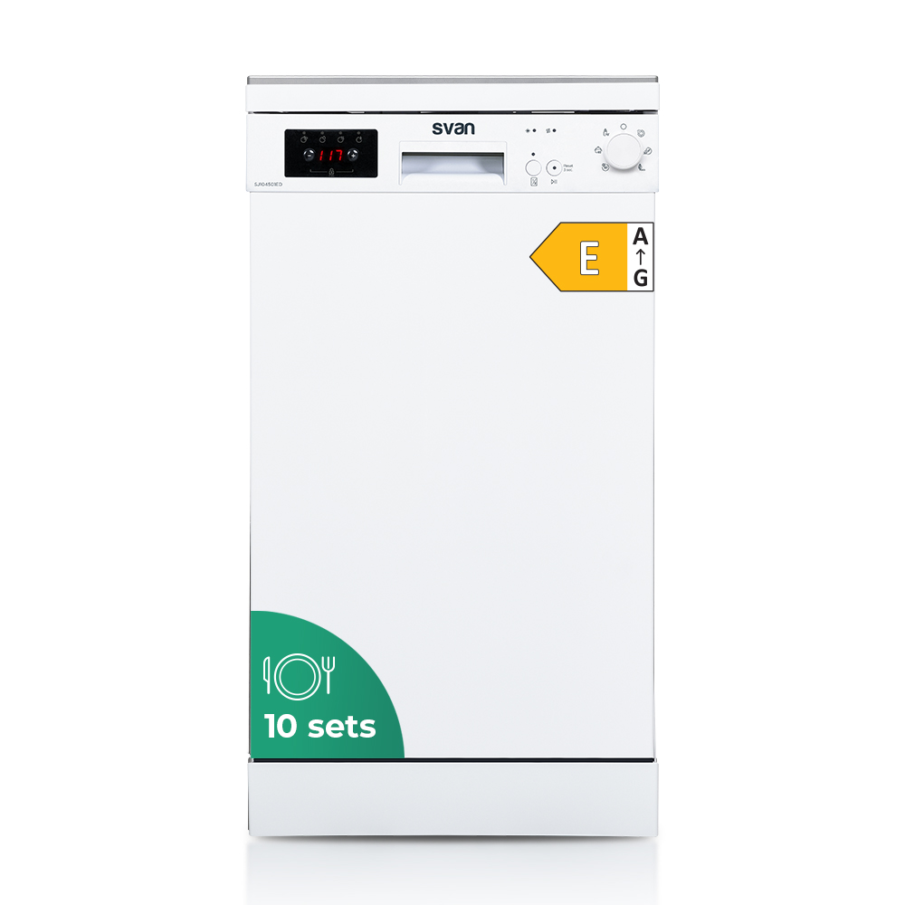 Lavastoviglie Svan, capacità 10 set, classe E. Dimensioni: 85cm 44,8cm 59,8cm. Colore: bianco, comandi con display. 2 vassoi e 6 programmi.