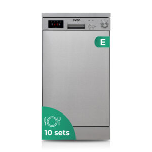 Lavastoviglie Svan, capacità 10 set, classe E. Dimensioni: 85cm 44,8cm 59,8cm. Colore acciaio inox, comandi con display. 2 vassoi e 6 programmi.