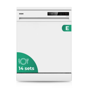 Lavastoviglie Svan, capacità 14 pezzi, classe E. Dimensioni: 84,5 cm 59,8 cm 59 cm. Colore: bianco, controllo touch screen. 2 vassoi e 6 programmi.