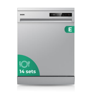Lavastoviglie Svan, capacità 14 pezzi, classe E. Dimensioni: 84,5 cm 59,8 cm 59 cm. Colore acciaio inox, comandi touch screen. 2 vassoi e 6 programmi.