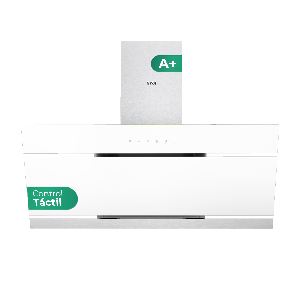 Hotte inclinée Svan A+ 114cm 89,7cm 40,3cm Verre blanc Touch LED 600m3/h 60dB Booster