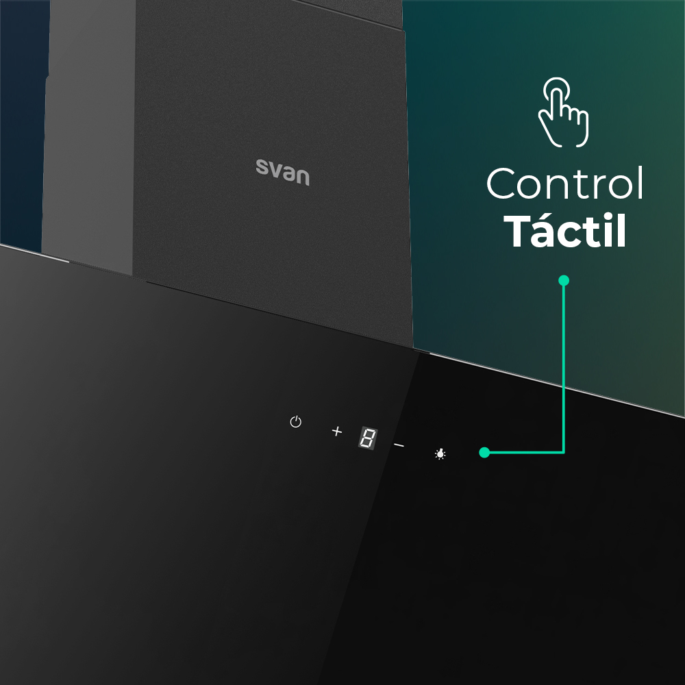 Campana Inclinada Svan, Clase A++ Dimensiones: 108,8cm 59,5cm 30,9cm. Color Cristal negro, Control Táctil Motor Inverter. Potencia de aspiración 370 m3/h, 59 dB. – Image 3