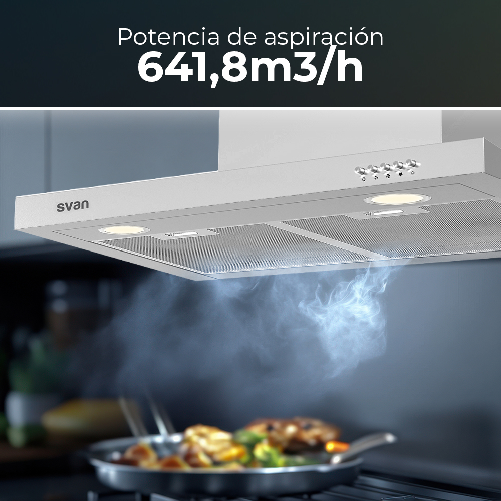 Campana Tipo T Svan, Clase A Dimensiones: 82cm 59,9cm 50cm. Color Inox, Control Manual Potencia de aspiración 641,8 m3/h, 52~68 dB. – Image 3