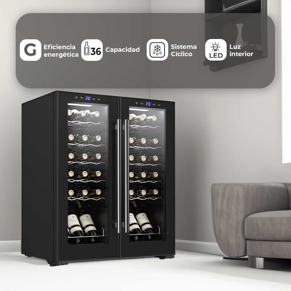 Vinoteca Svan Cíclico 111L 36Bot G 82,7cm 69,6cm 48,2cm Negro Display táctil Única Zona 2Puertas – Image 3