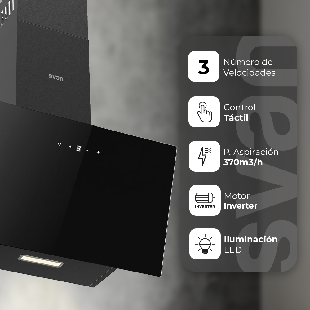 Campana Inclinada Svan, Clase A++ Dimensiones: 108,8cm 59,5cm 30,9cm. Color Cristal negro, Control Táctil Motor Inverter. Potencia de aspiración 370 m3/h, 59 dB. – Image 5