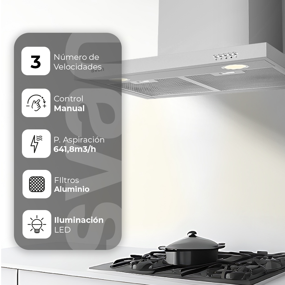 Campana Tipo T Svan, Clase A Dimensiones: 82cm 59,9cm 50cm. Color Inox, Control Manual Potencia de aspiración 641,8 m3/h, 52~68 dB. – Image 5