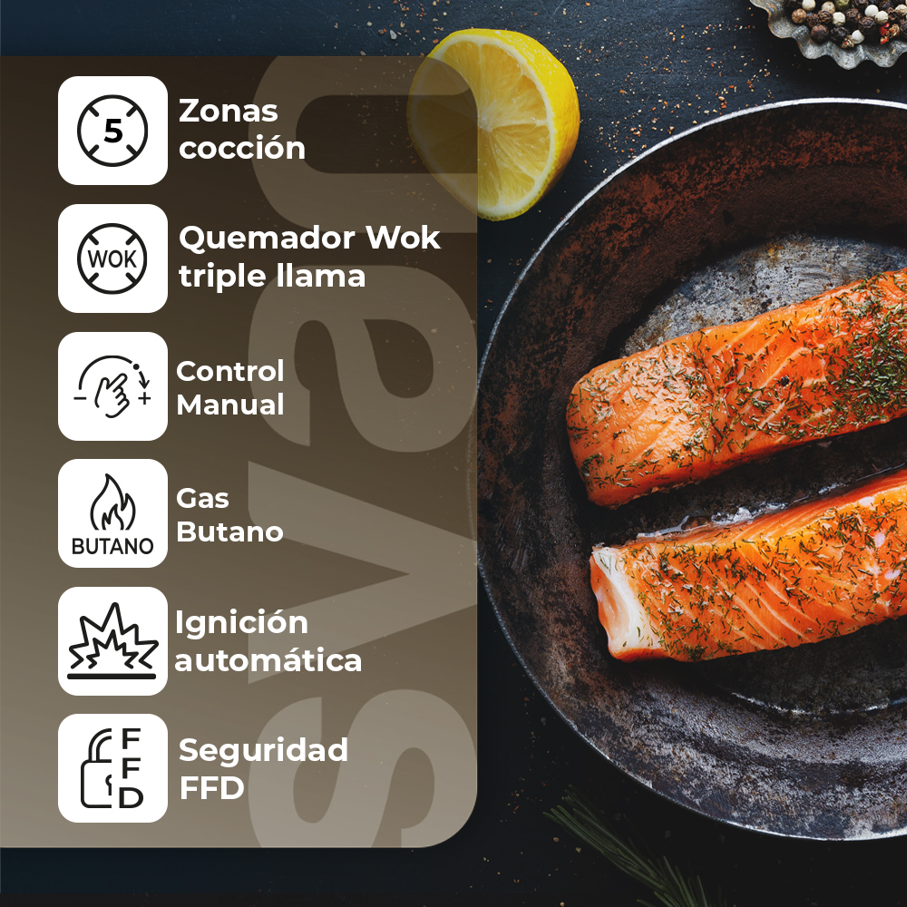 Placa Gas Butano Svan 11500W 9cm 75cm 51cm Inox Manual Auto Ig. 5Q Wok Kit Gas Forja - Imagen 4