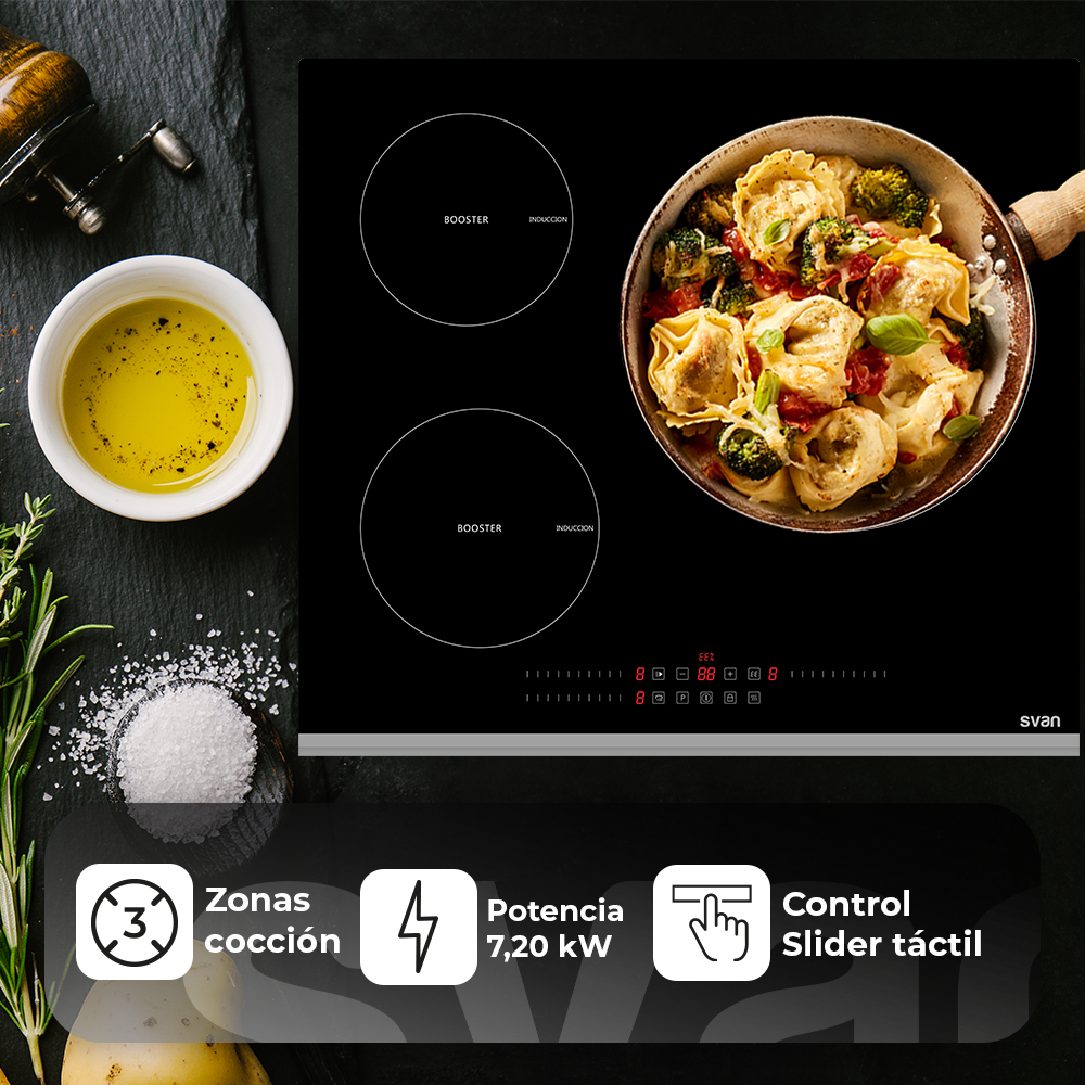 Placa Inducción Svan 7200W 5,8cm 52cm 59cm Cristal negro Slider 3Z Doble Corona Keep warm Booster – Image 4