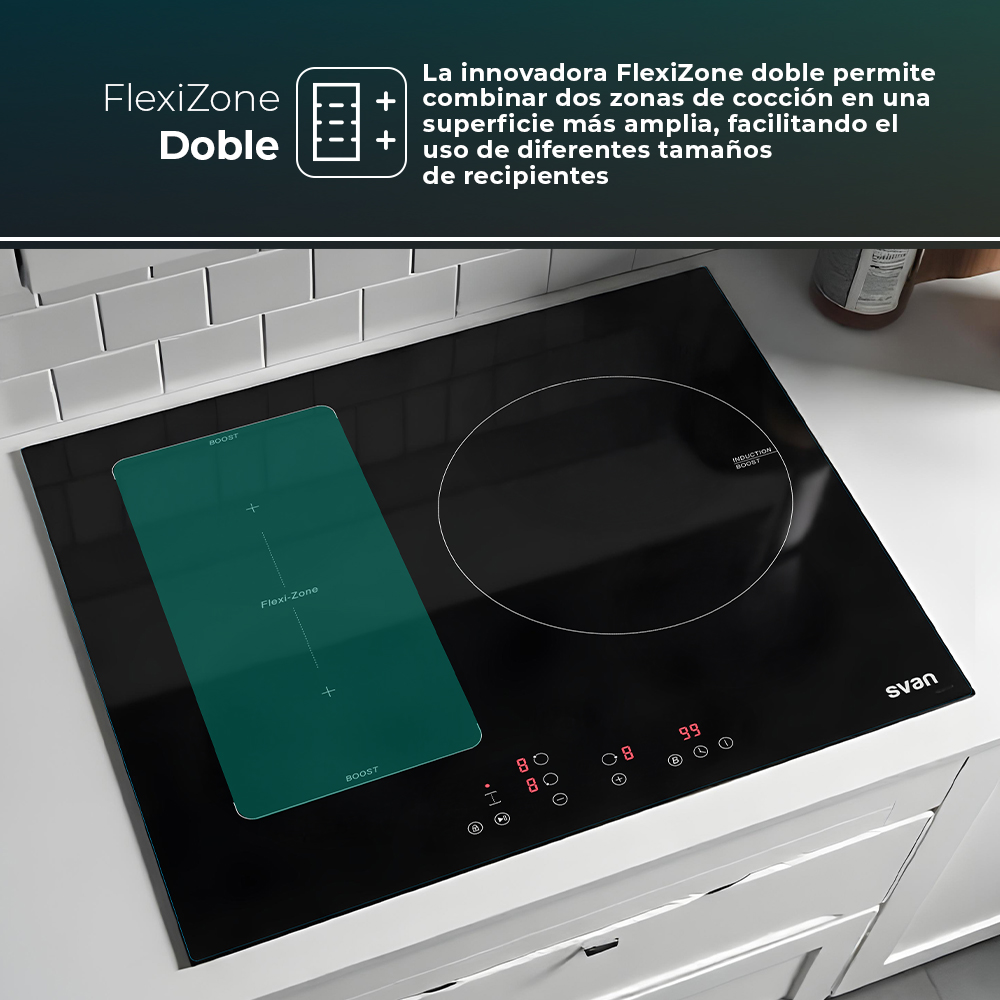 Placa Inducción Svan 6600W 5,6cm 59cm 52cm Cristal negro Táctil 3Z 2 Flexizone Booster Stop&Go - immagine 4