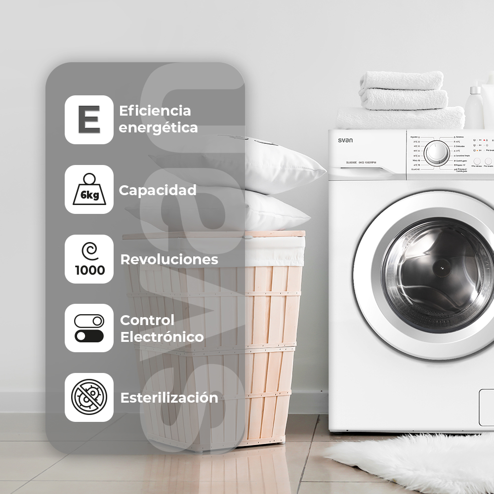 Lavadora Svan 6kg 1000rpm E 85cm 59,5cm 44cm Blanco Electrónico T.Diamante - immagine 5
