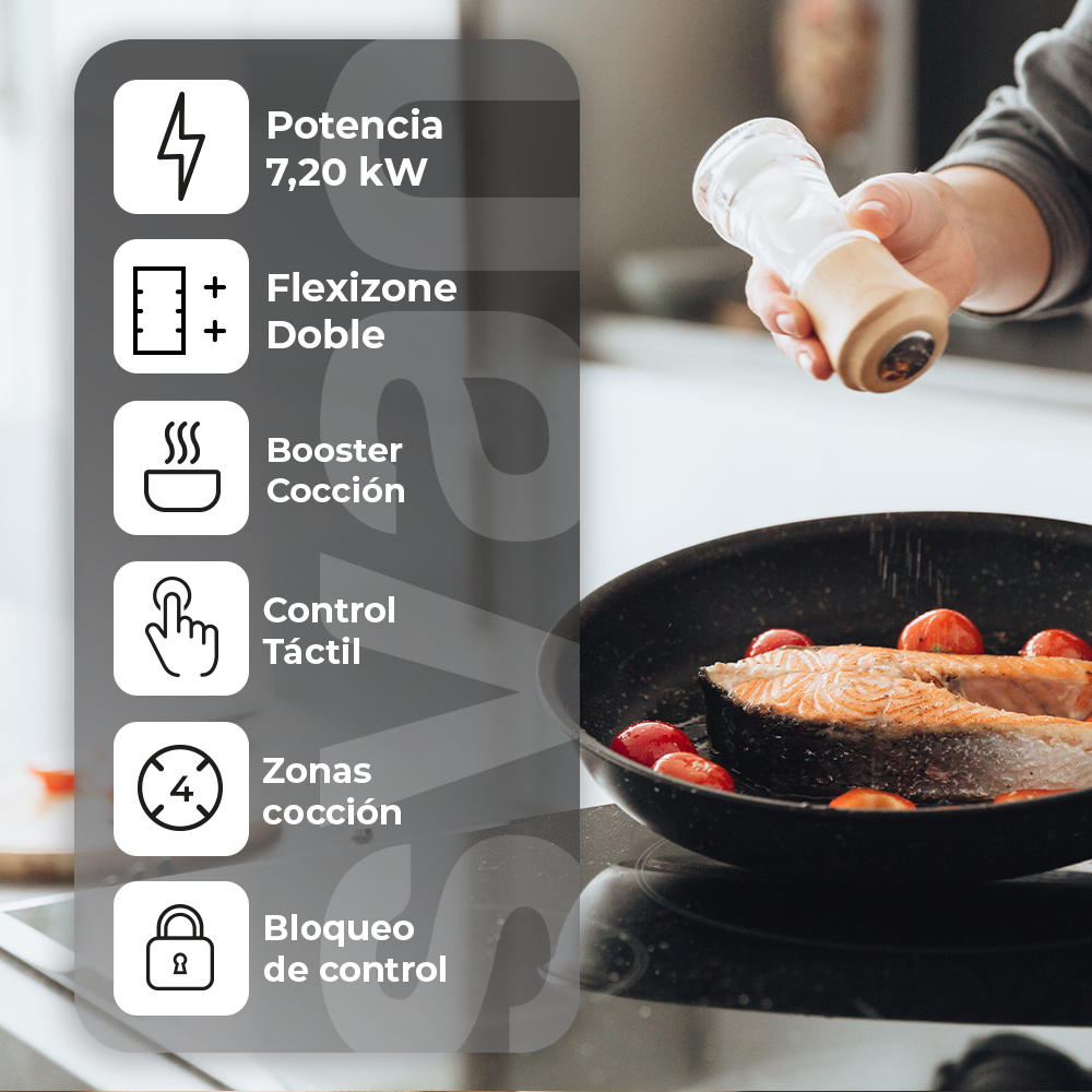 Placa Inducción Svan 7200W 6,2cm 59cm 52cm Cristal negro Slider 4Z 2 Flexizone Booster - immagine 4