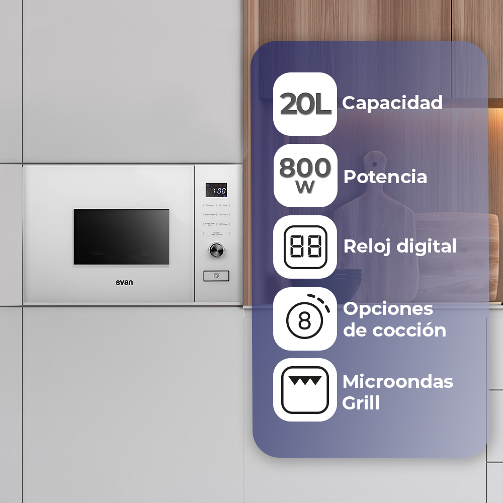 Microondas Grill Svan Integración 20L 800W 38,5cm 59,5cm 31cm Cristal blanco Display Auto Cooking – Image 4