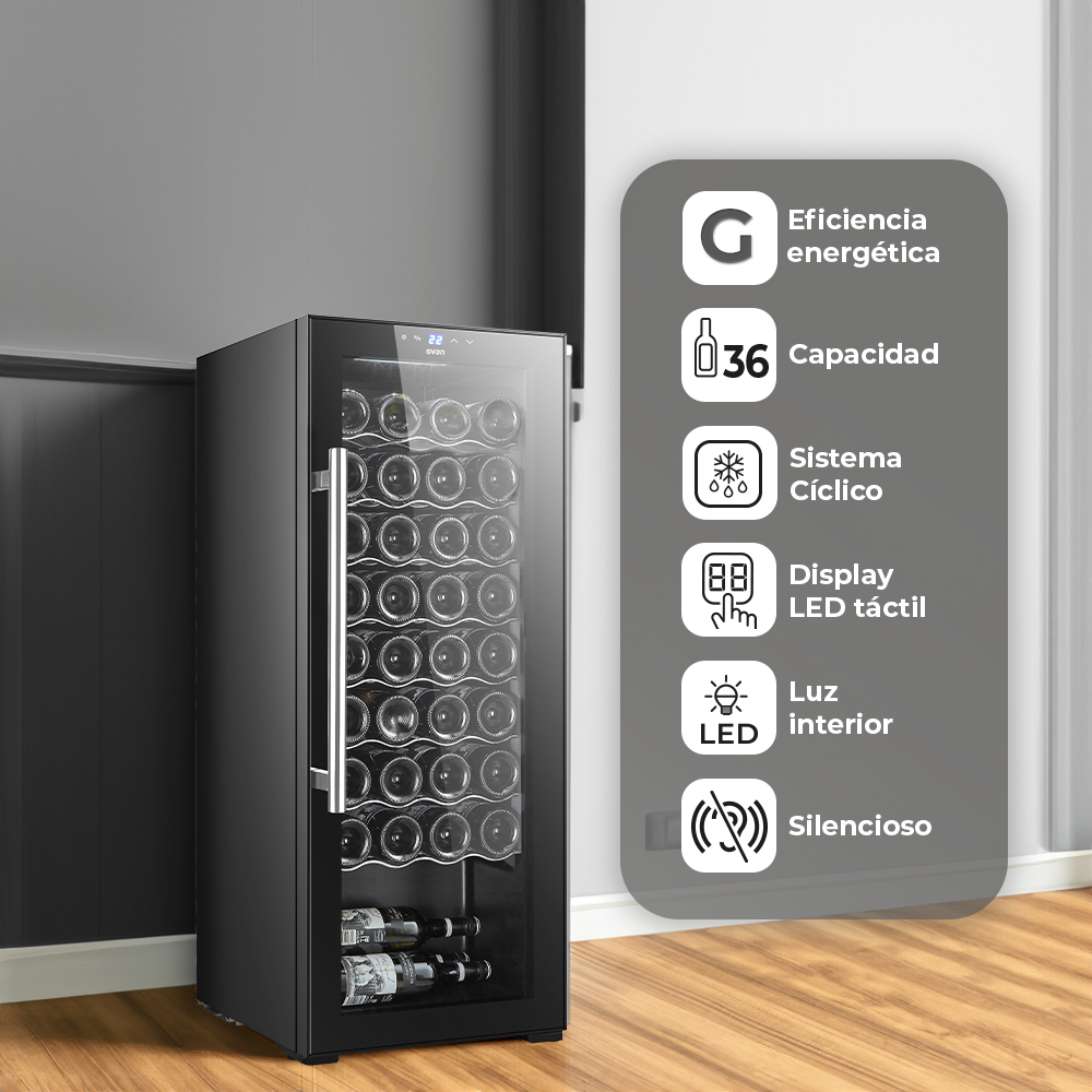Vinoteca Svan Cíclico 106L 36Bot G 110,5cm 43cm 48,2cm Negro Display táctil Única Zona 1Puerta – Image 4