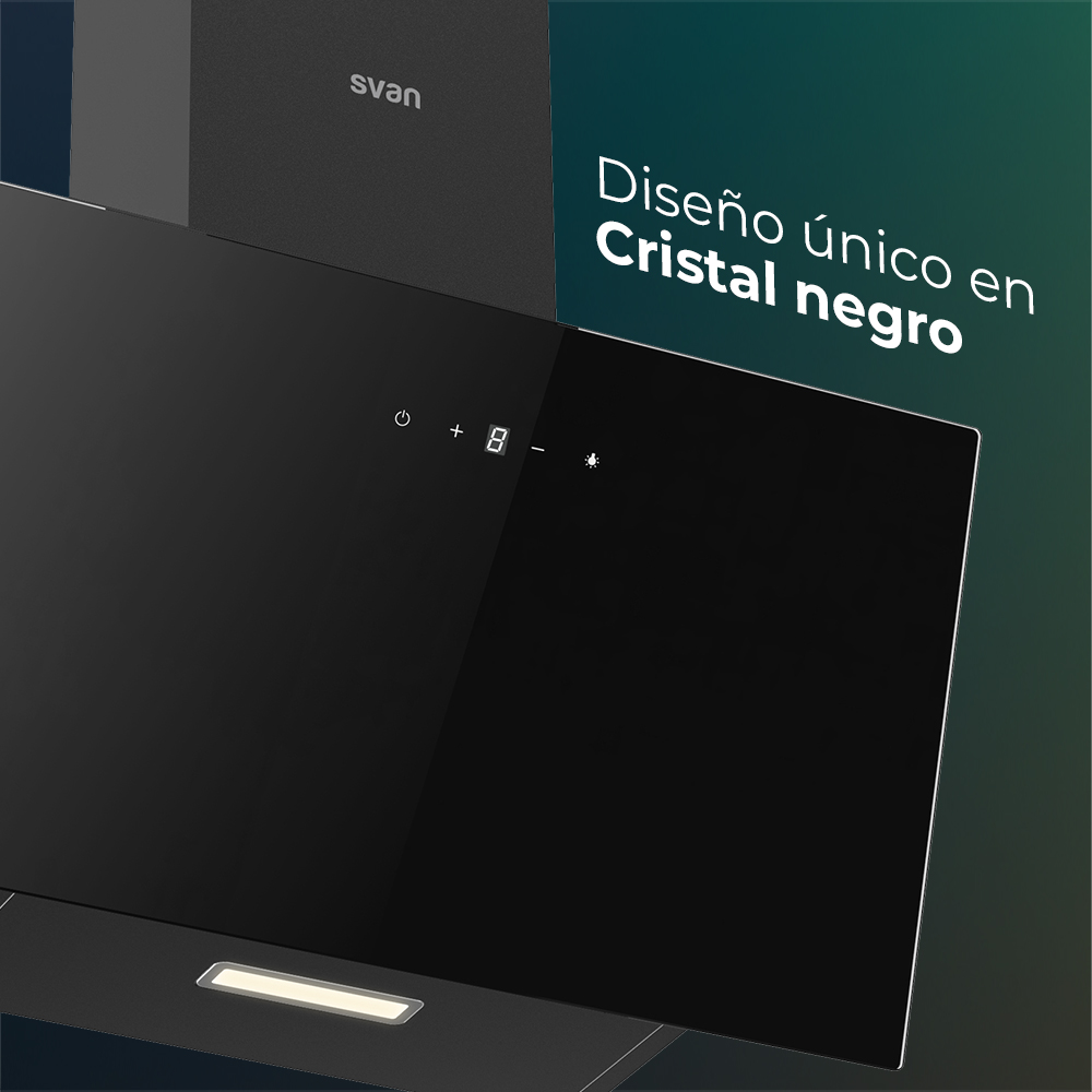 Campana Inclinada Svan, Clase A++ Dimensiones: 108,8cm 59,5cm 30,9cm. Color Cristal negro, Control Táctil Motor Inverter. Potencia de aspiración 370 m3/h, 59 dB. – Image 6