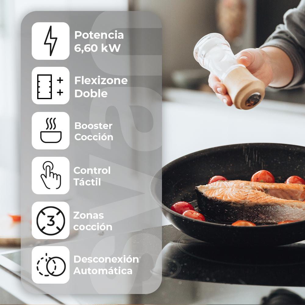 Placa Inducción Svan 6600W 5,6cm 59cm 52cm Cristal negro Táctil 3Z 2 Flexizone Booster Stop&Go - immagine 5