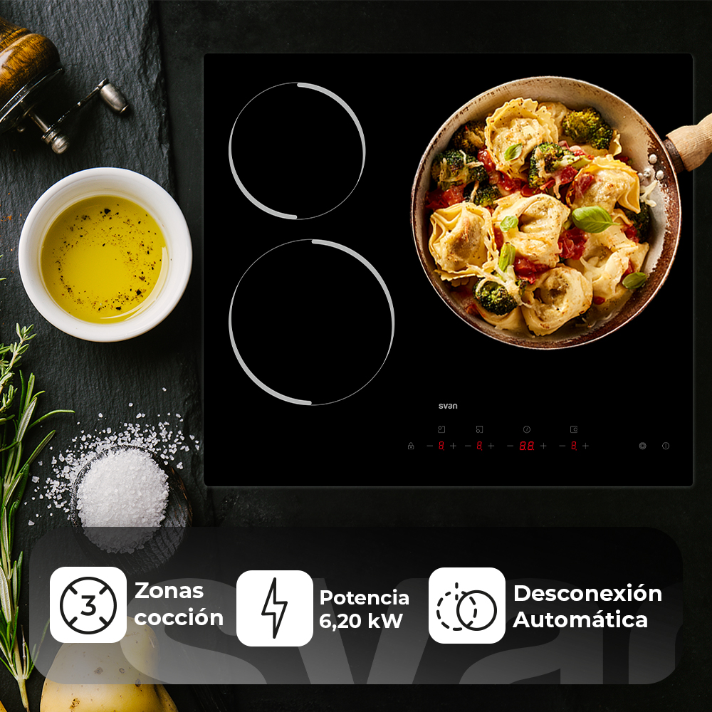 Placa Vitrocerámica Svan 6200W 5,1cm 59cm 52cm Cristal negro Táctil 3Z Triple Corona - immagine 5