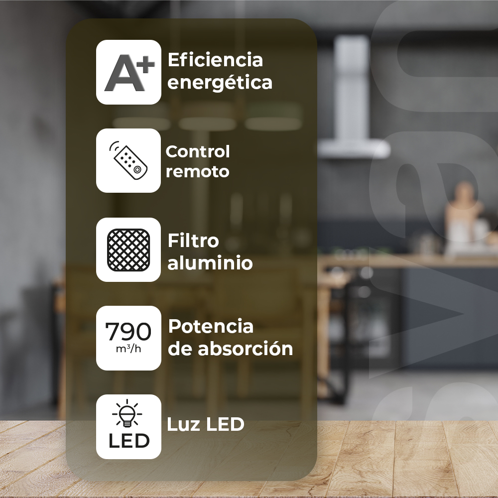 Campana Inclinada Svan A+ 113,5cm 80cm 46cm Cristal blanco Táctil Mando LED 790m3/h 58dB – Image 5