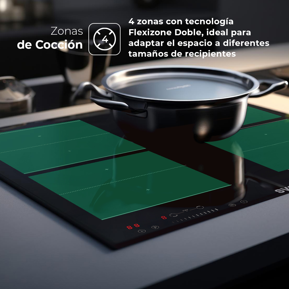 Placa Inducción Svan 7200W 6,2cm 59cm 52cm Cristal negro Slider 4Z 2 Flexizone Booster - immagine 5