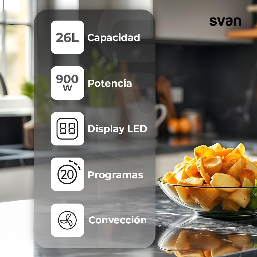 Microondas Convección Svan 26L 900W 30,2cm 49,5cm 44,1cm Negro Display Auto Cooking Air Fry – Image 5