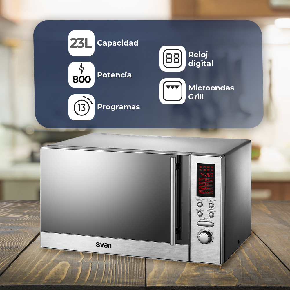 Microondas Grill Svan 23L 800W 29,3cm 53,6cm 43,6cm Inox Display Auto Cooking - immagine 5