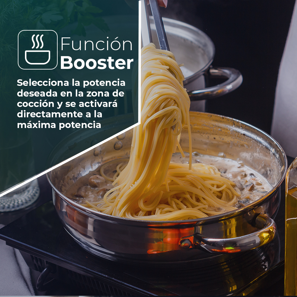 Placa Inducción Svan 6600W 5,6cm 59cm 52cm Cristal negro Táctil 3Z 2 Flexizone Booster Stop&Go - immagine 6