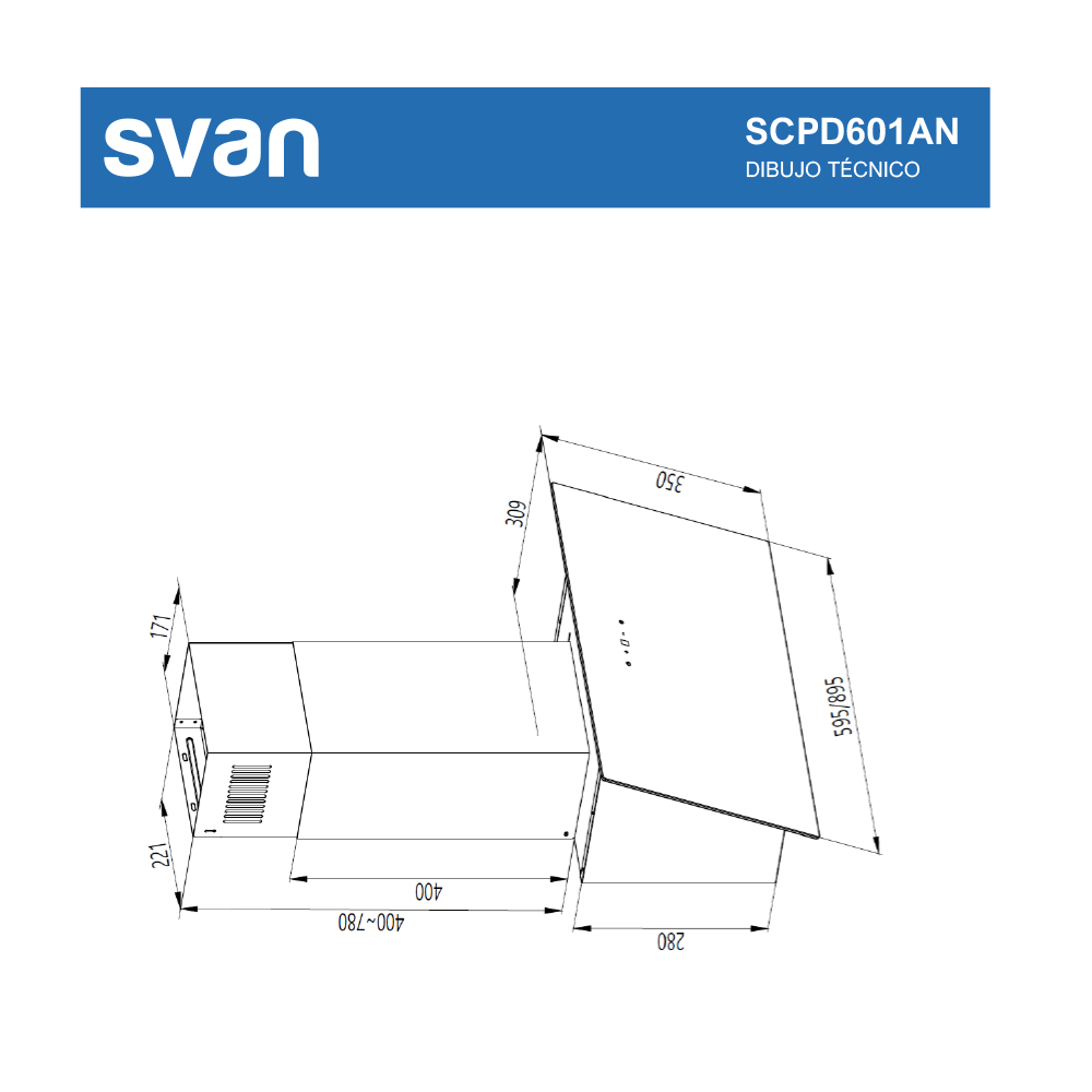 Campana Inclinada Svan, Clase A++ Dimensiones: 108,8cm 59,5cm 30,9cm. Color Cristal negro, Control Táctil Motor Inverter. Potencia de aspiración 370 m3/h, 59 dB. – Image 8