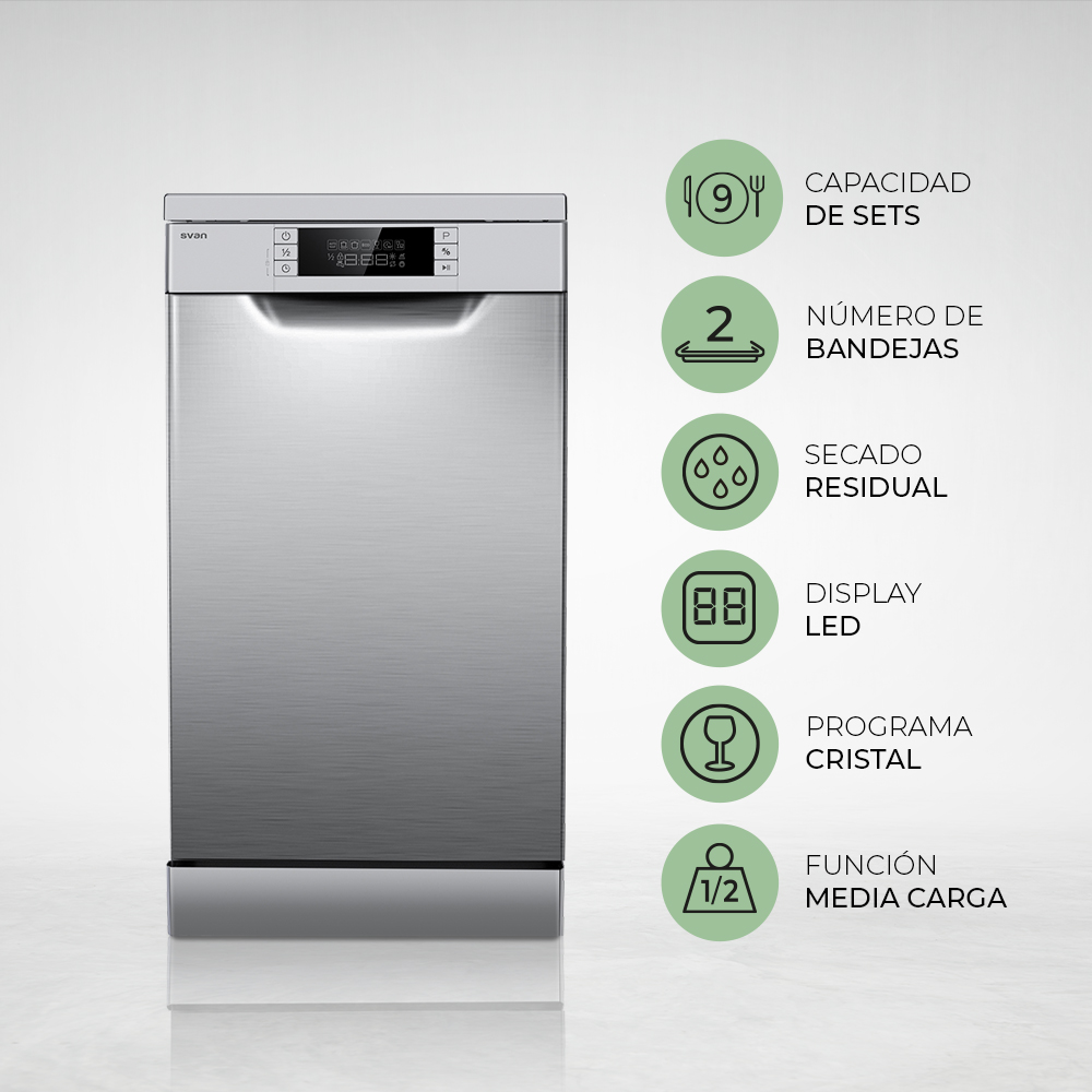 Lavavajillas Svan 9sets E 84,5cm 44,8cm 61cm Inox Display 2B 7P Sec.Residual Media Carga - immagine 8