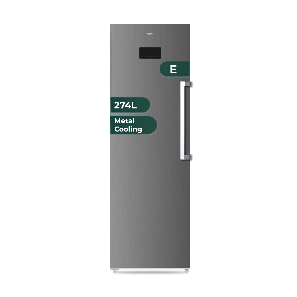 Congelador vertical Svan, No Frost. Capacidad 274L, Clase E. Dimensiones: 185cm 60cm 66cm. Color Inox, Control con Display. Motor Inverter.