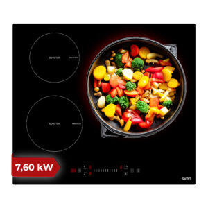 Placa Inducción Svan 7600W 5,8cm 59cm 52cm Cristal negro Slider 3Z ø32cm Doble Corona Booster