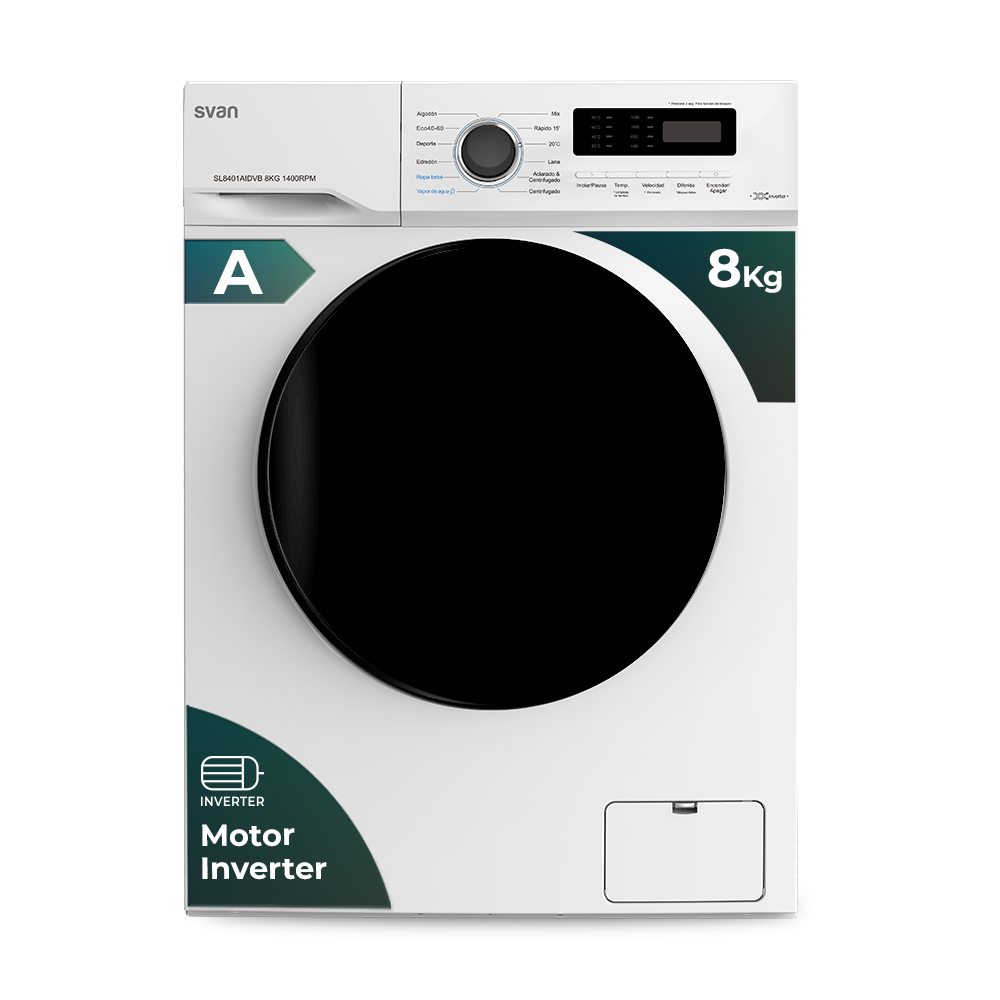 Lave-linge Svan 8kg 1400rpm A 85cm 59,5cm 51cm Blanc Ecran Inverter Vapeur Mon Cycle XXL Porte