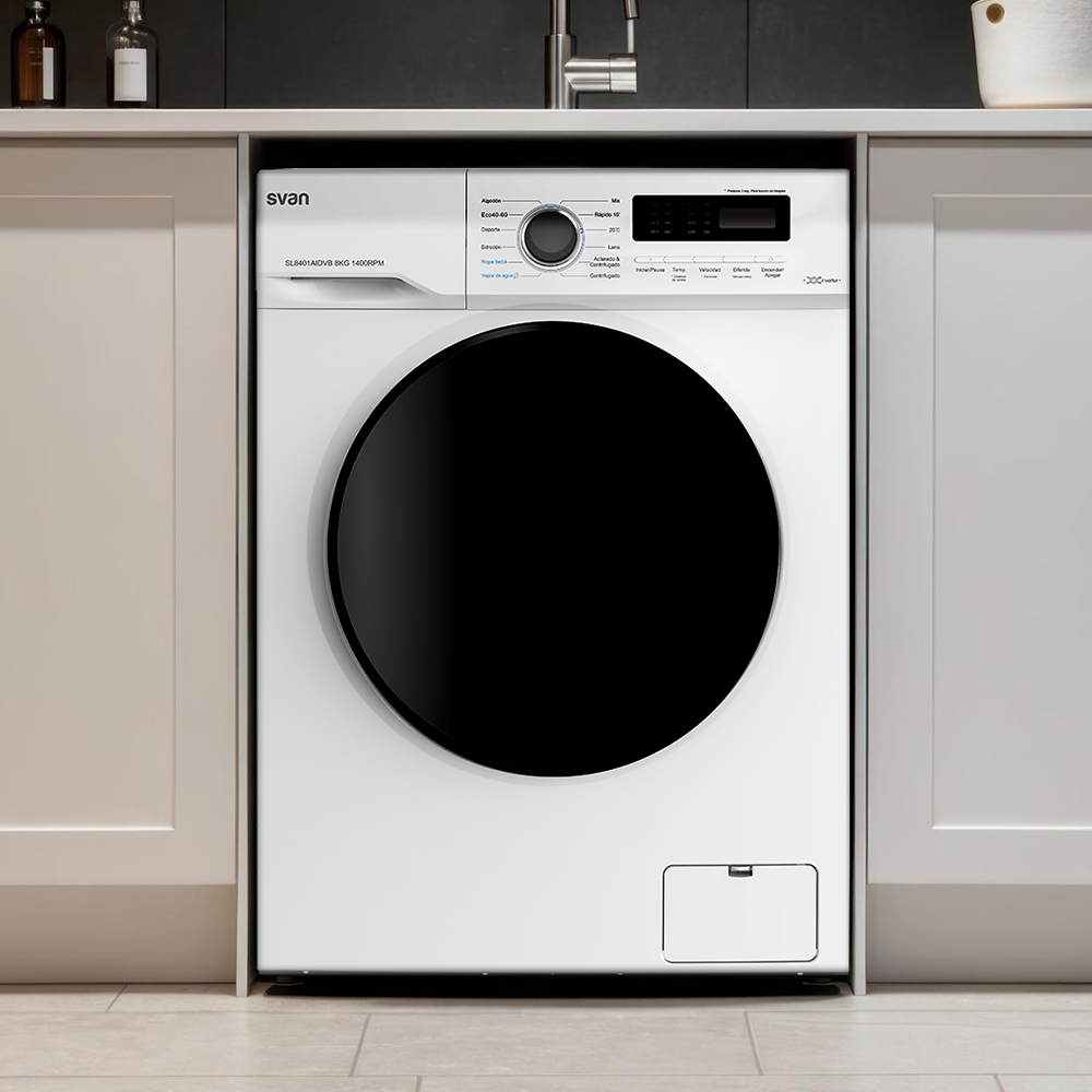 Lavadora Svan 8kg 1400rpm A 85cm 59,5cm 51cm Blanco Display Inverter Vapor Mi Ciclo Puerta XXL – Image 4