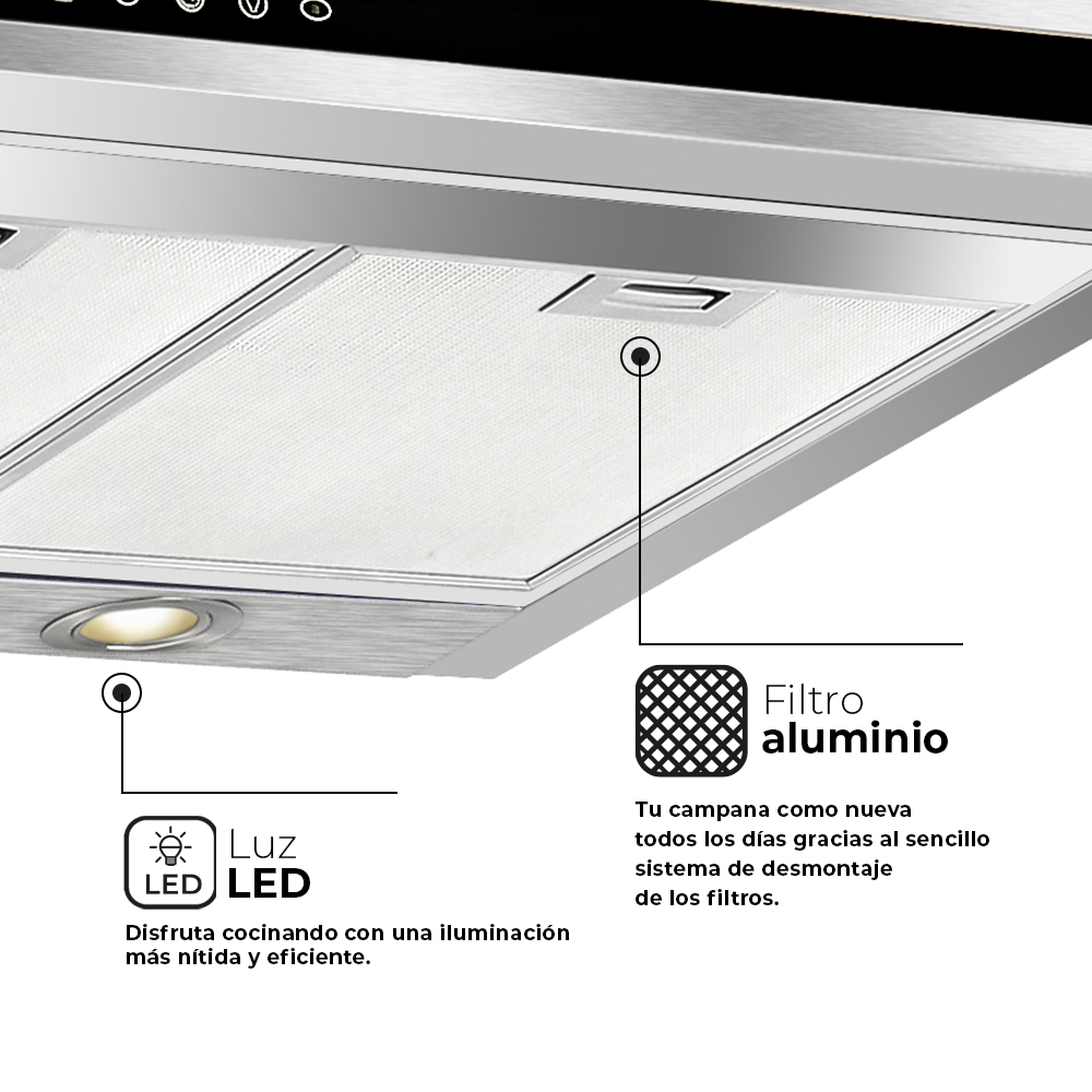 Campana Tipo T Svan D 86,5cm 90cm 50cm Inox Táctil LED 650m3/h 64dB - Imagen 3