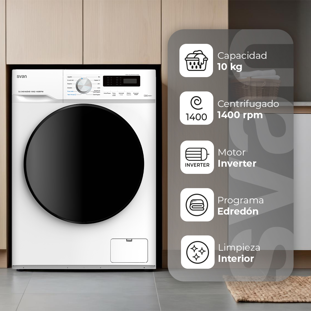 Lavadora Svan 10kg 1400rpm A 85cm 59,5cm 60cm Blanco Display Inverter Vapor Mi Ciclo Puerta XXL - immagine 5