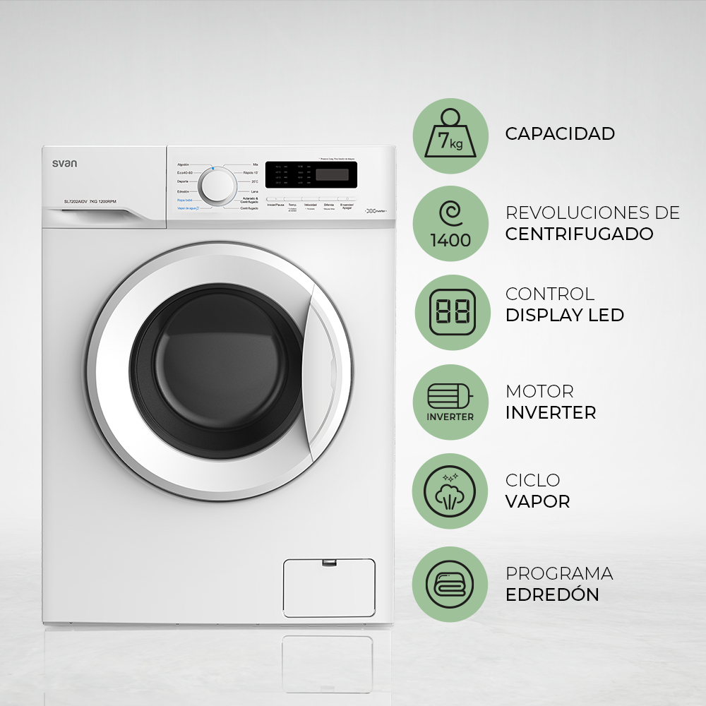 Lavadora Svan 7kg 1200rpm A 85cm 59,5cm 44cm Blanco Display Inverter Vapor – Image 5