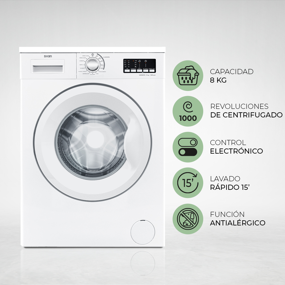 Lavadora Svan 8kg 1000rpm D 84,5cm 59,7cm 55,7cm Blanco Electrónico Antialérgico Tapa/P – Image 5