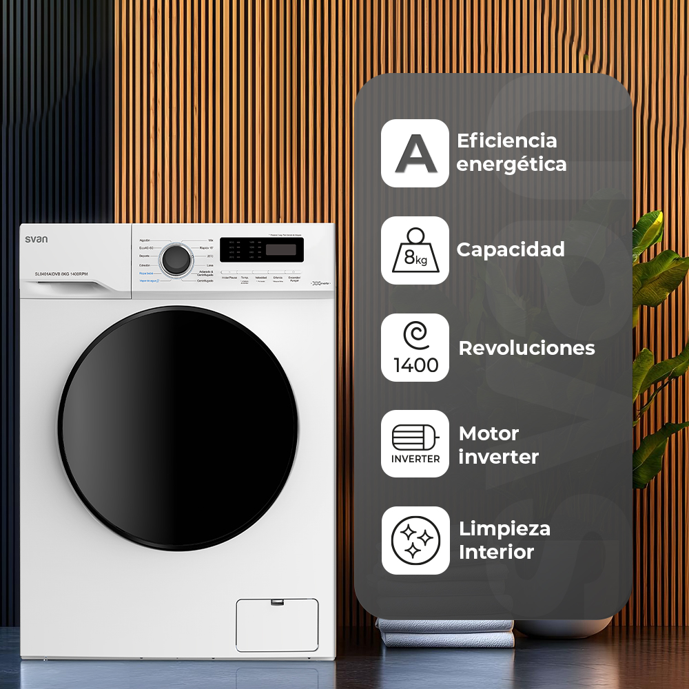 Lavadora Svan 8kg 1400rpm A 85cm 59,5cm 51cm Blanco Display Inverter Vapor Mi Ciclo Puerta XXL – Image 5