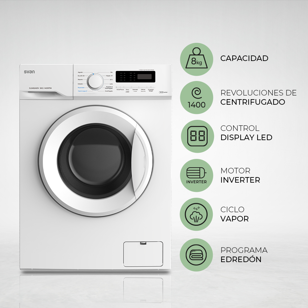 Lavadora Svan 8kg 1400rpm A 85cm 59,5cm 51cm Blanco Display Inverter Vapor – Image 5