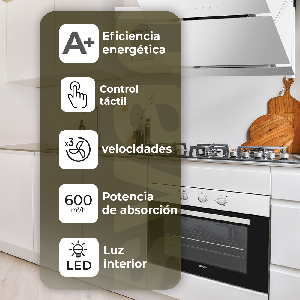 Campana Inclinada Svan A+ 114cm 89,7cm 40,3cm Cristal blanco Táctil LED 600m3/h 60dB Booster - Imagen 4
