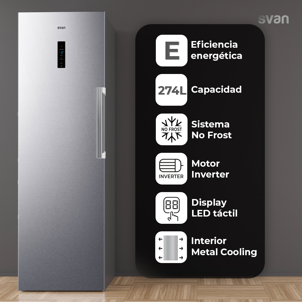 Congelador vertical Svan No Frost 274L E 185,5cm 59,5cm 71,5cm Inox Display táctil Modo Eco - Imagen 6