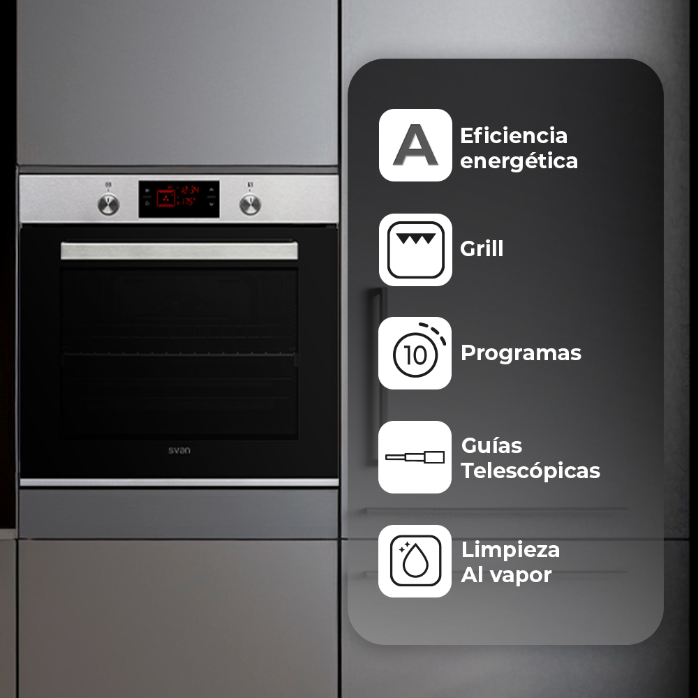 Horno Multifunción Svan 78L A 59,5cm 59,5cm 57,5cm Inox Display 10P Cortina aire G.Telescópicas - immagine 6