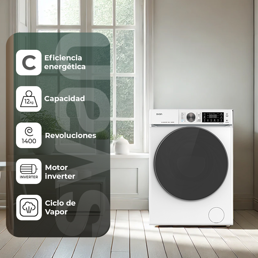 Lavadora Svan 12kg 1400rpm C 85cm 59,5cm 64cm Blanco Display táctil Inverter Vapor T.Diamante - immagine 6