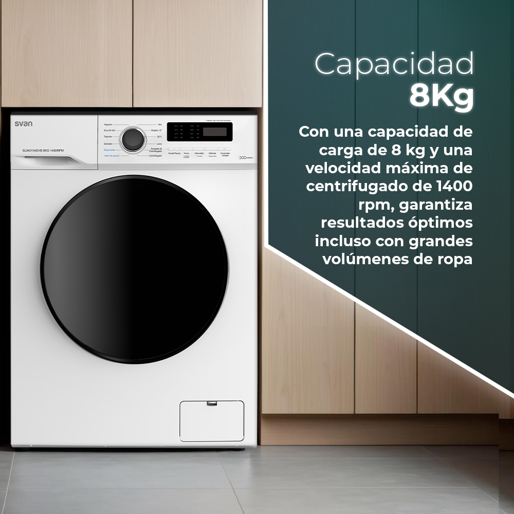 Lavadora Svan 8kg 1400rpm A 85cm 59,5cm 51cm Blanco Display Inverter Vapor Mi Ciclo Puerta XXL – Image 6