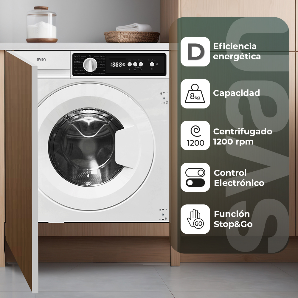 Lavadora Svan Integración 8kg 1200rpm D 81,7cm 59,7cm 54,4cm Blanco Display Antialérgico Puerta XXL – Image 5